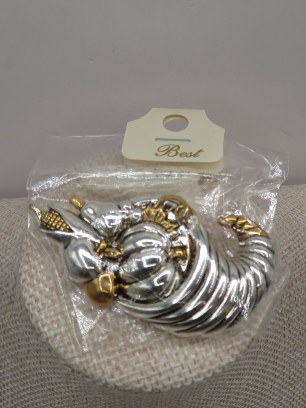 Vintage Best Brand Fall Harvest Cornucopia Silver Gold Tone Brooch